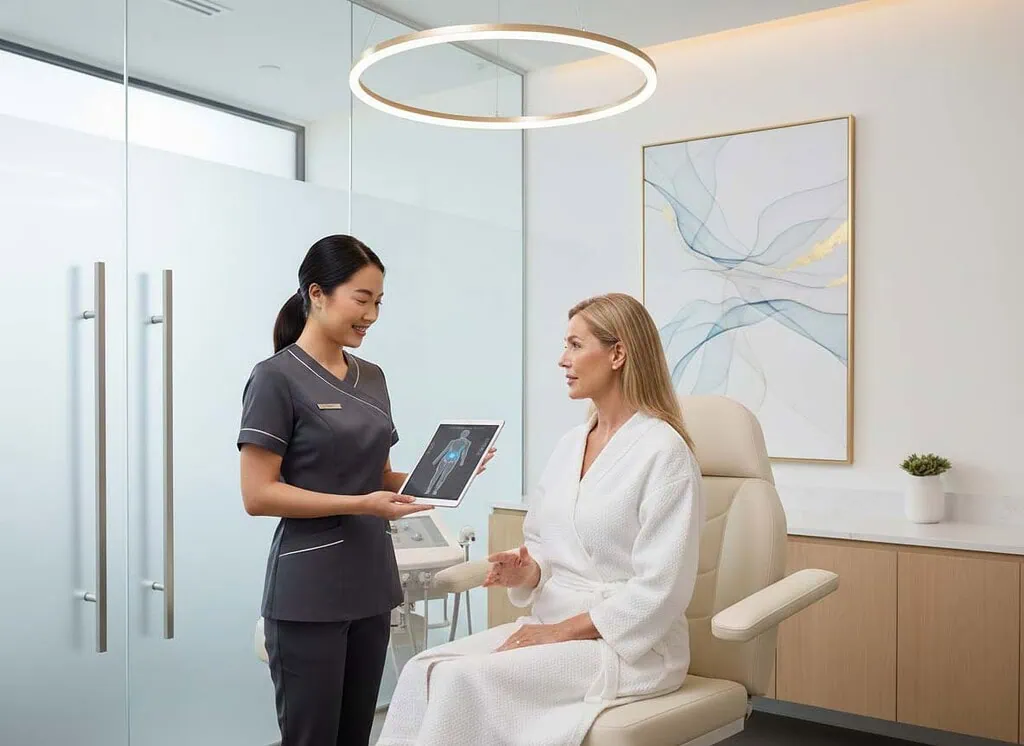 Clinic staff showing body diagram on tablet to a seated client.