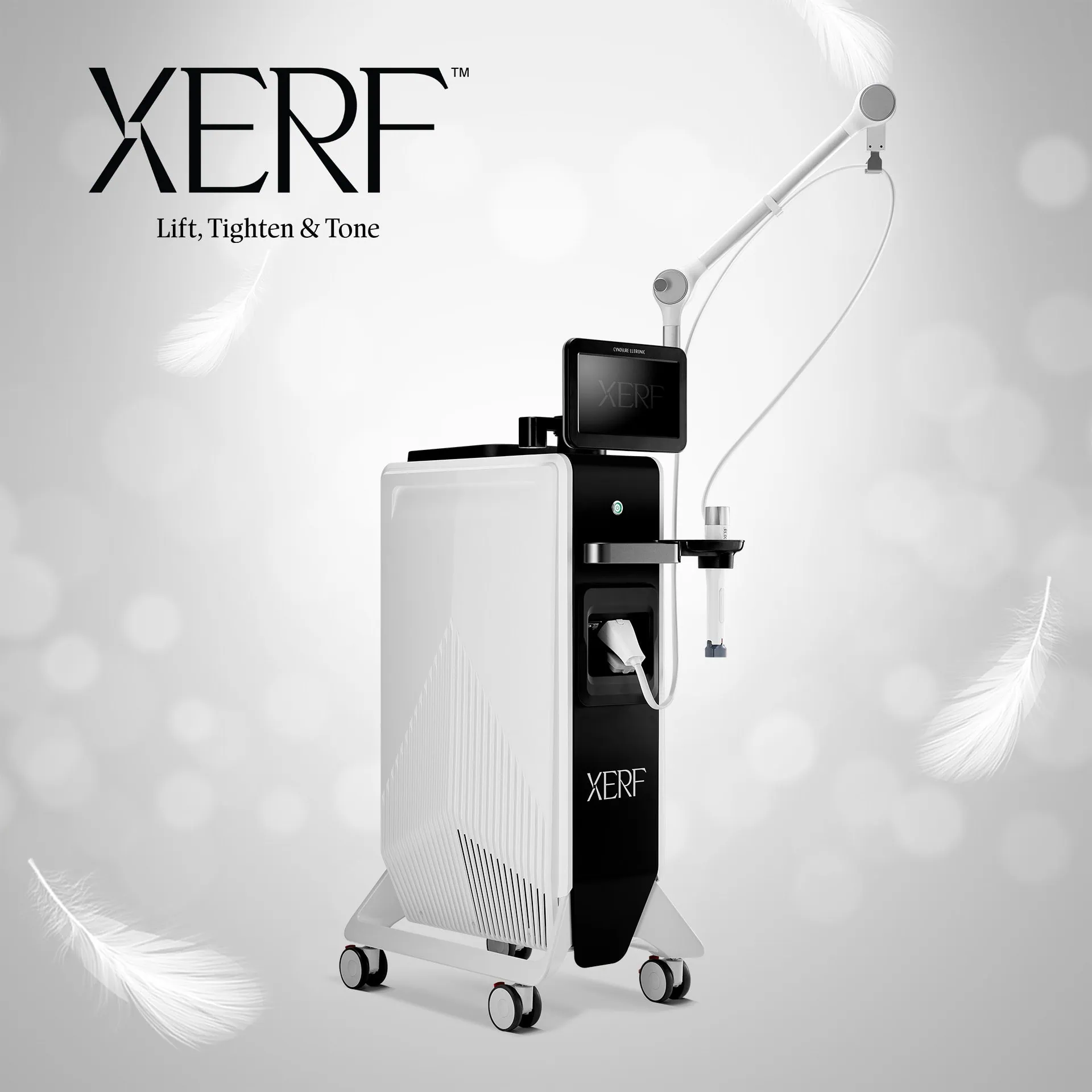 White aesthetic device for skin lifting, tightening, and toning.