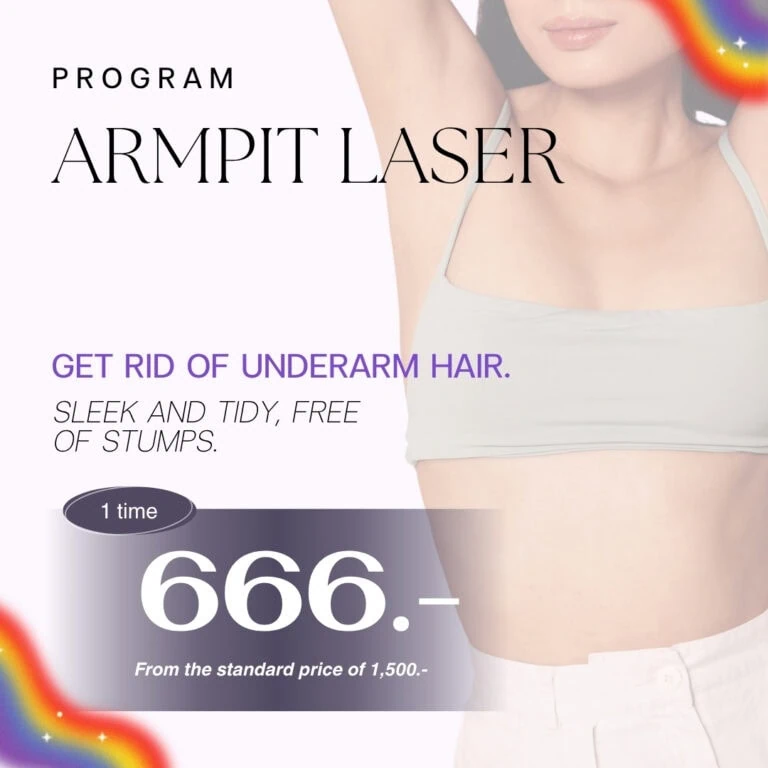 A woman in a white tank top raising her arm to show her armpit, promoting an armpit laser hair removal program with a special price offer.