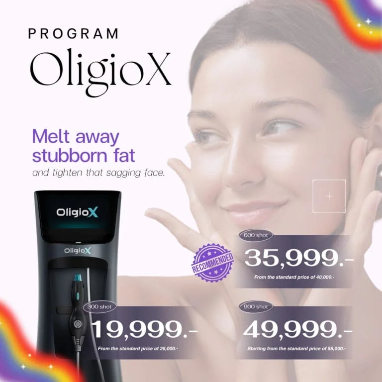 A woman with clear skin gently touching her face, promoting OligioX program for melting stubborn fat and tightening the face, with product images and prices displayed.