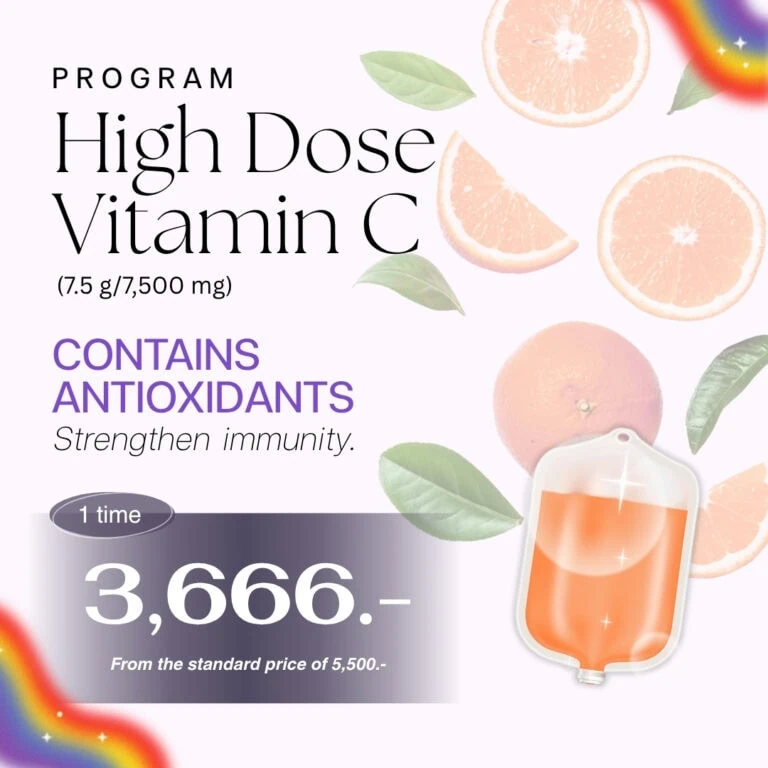 High Dose Vitamin C program poster with grapefruit slices, green leaves, and a glass of orange-colored liquid, highlighting antioxidant benefits and immunity support.