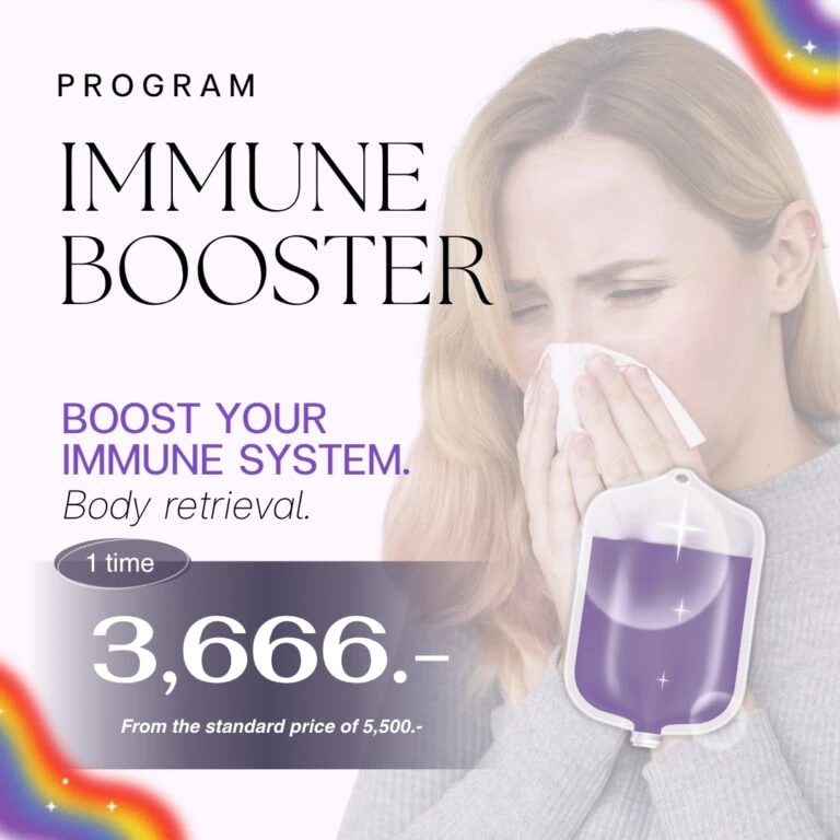 Boost your immune system with an image of a woman holding a tissue to her nose, next to an IV drip bag, promoting the immune booster program at Siam Clinic Thailand.