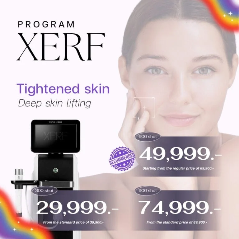 A woman with clear, smooth skin touching her face, promoting the XERF skin tightening program with prices and shot options displayed.