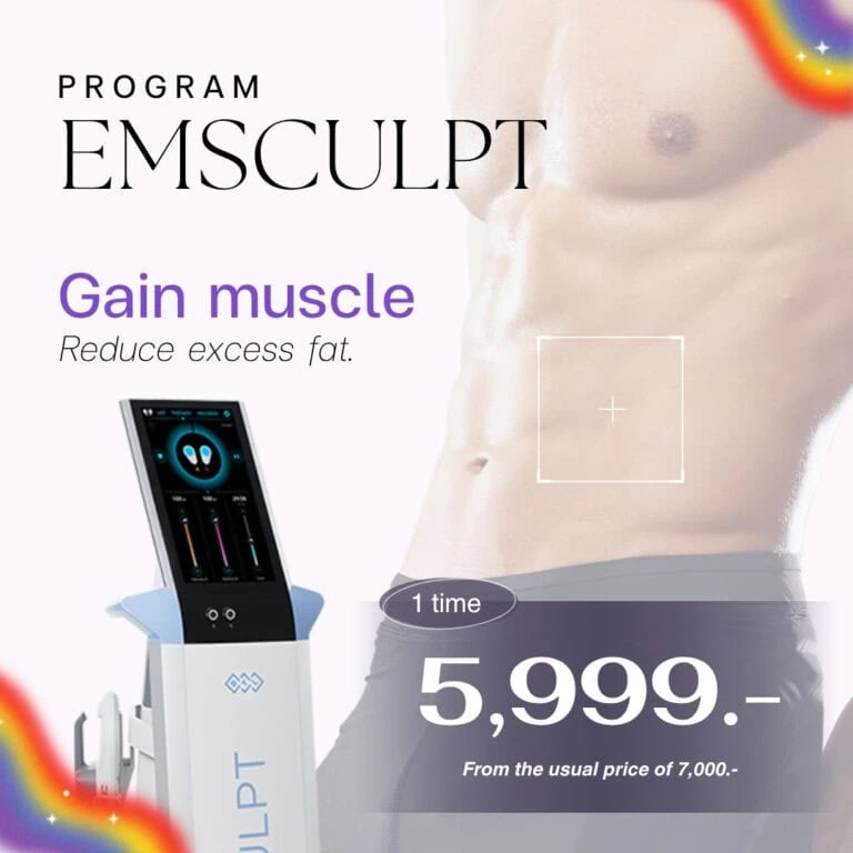 Gain muscle with EMSCULPT device, showing a male torso and the machine on a white background, promoting muscle gain and fat reduction.