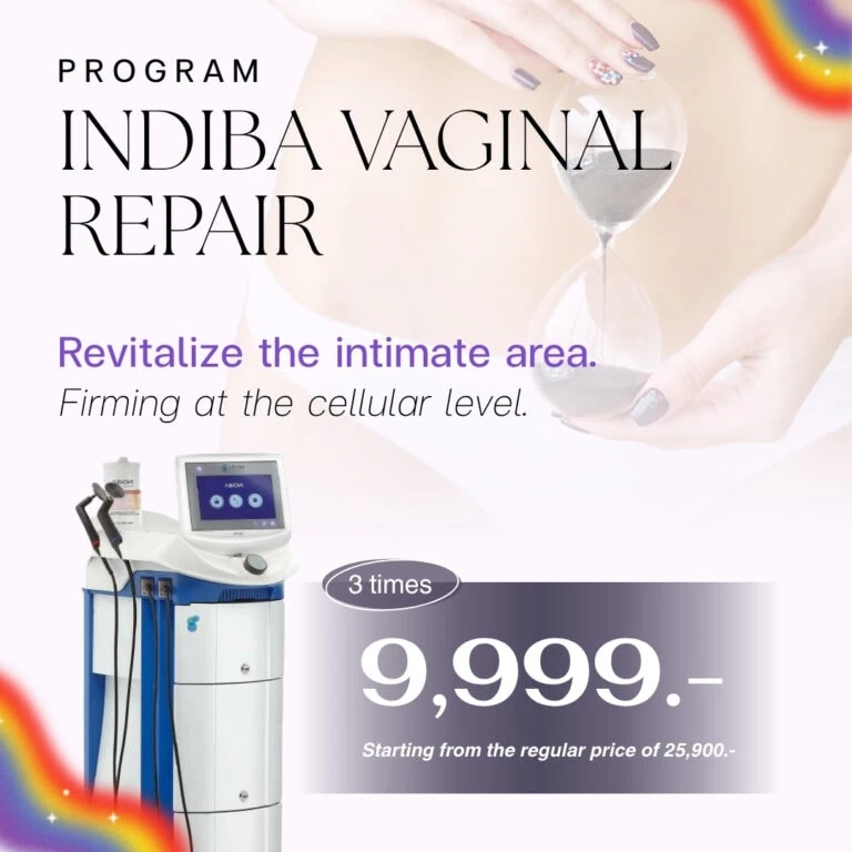 A woman holding a glass of water with a device for vaginal repair treatment in the background, promoting the Indiba Vaginal Repair program with a special price offer.