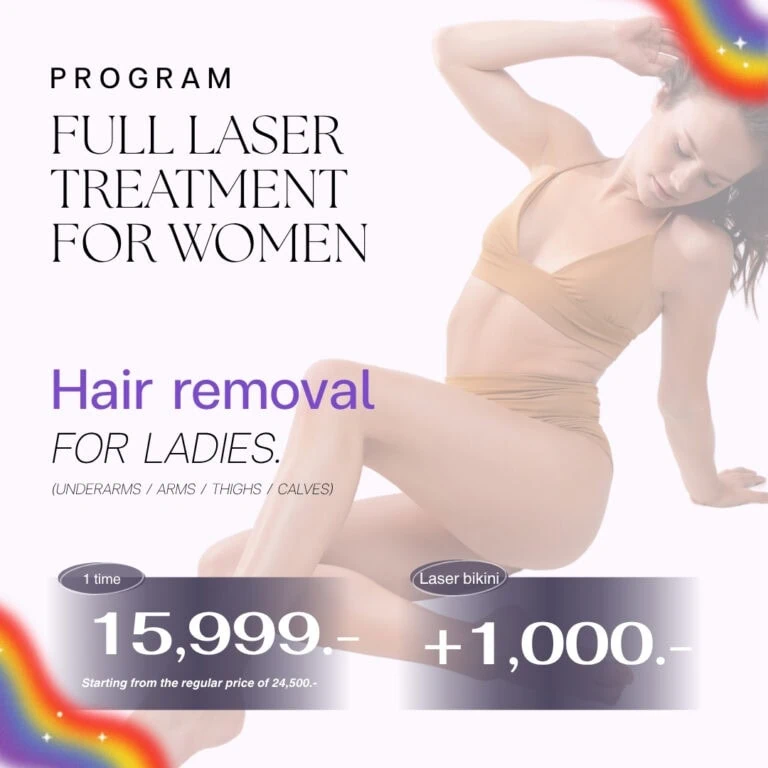 A woman in a beige outfit sitting on the floor, with her right arm raised and her head tilted to the side, promoting laser hair removal treatment for women on a promotional poster.