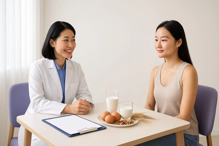 แพทย์หญิงให้คำปรึกษาเรื่องภูมิแพ้อาหารแฝงแก่คนไข้ในคลินิกสะอาดสว่าง
