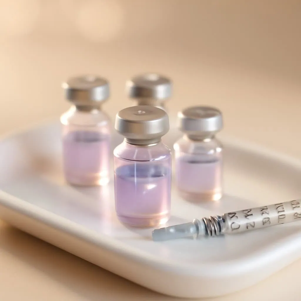 Close-up of glass peptide vials and a precision syringe on a clean clinical tray for weight loss injections.