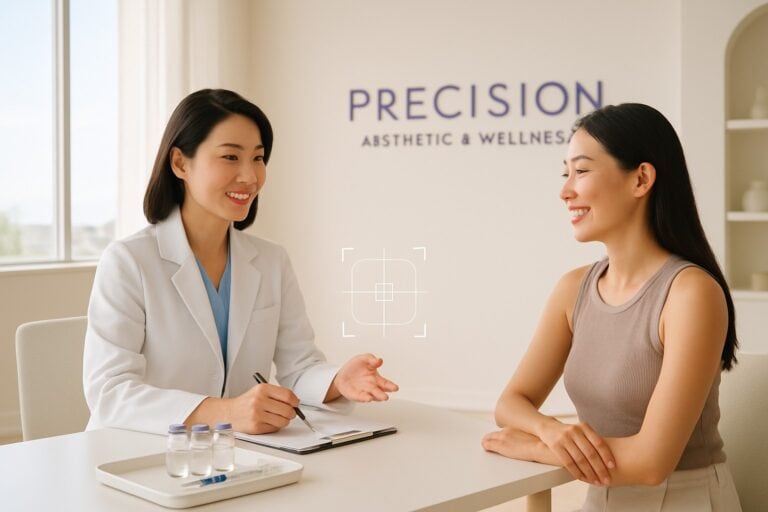 A clinic doctor discusses peptides for weight loss injections with a relaxed client at a minimalist desk.