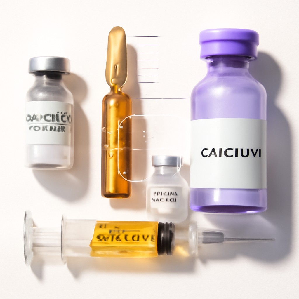 Macro flat lay of individual Myers' Cocktail IV ingredient vials arranged on a white clinical surface.