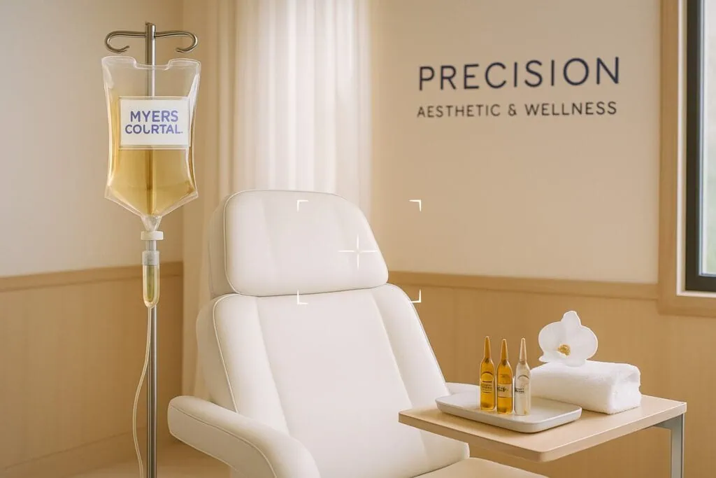 A pristine clinic IV therapy suite displaying Myers' Cocktail IV drip bag and vitamin ampoules.