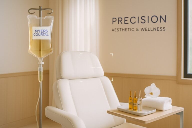 A pristine clinic IV therapy suite displaying Myers' Cocktail IV drip bag and vitamin ampoules.