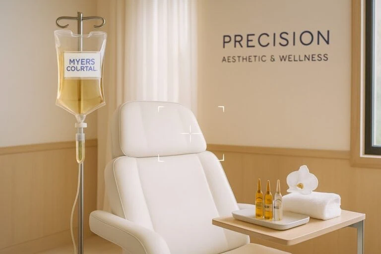 A pristine clinic IV therapy suite displaying Myers' Cocktail IV drip bag and vitamin ampoules.